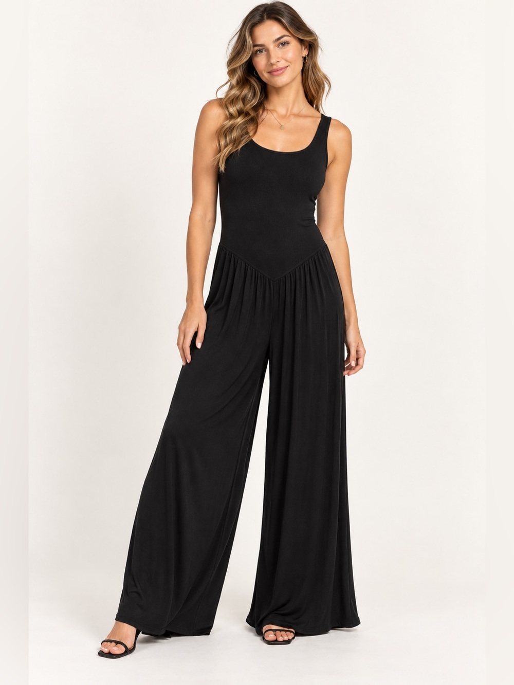 American Eagle Soft & Sexy Black Ribbed Wide Leg Jumpsuit Size L